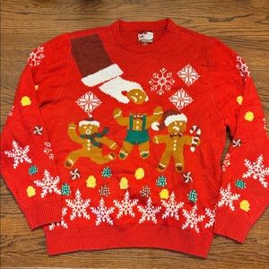Party Sweater Red Holiday Sweater with Broken Gingerbread Head Motif size XL